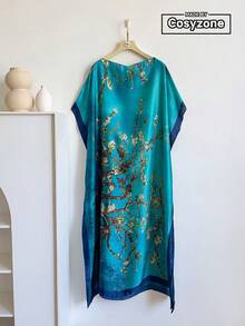 1件优雅印花轻盈雪纺披肩，适合夏季海滩，防晒，可作日常装饰围巾 - 藍色 - 查看 1