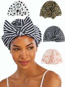 1pc Women's Reusable Waterproof Bath Cap Striped Bow Elastic Design For Stylish Home Use Protects Hair During Showers, Spa Treatments, Cooking, Cleaning, And Travel - Multicolor - View 2