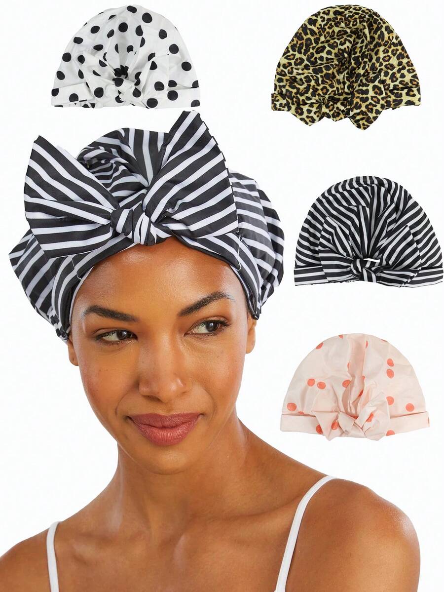 1pc Women's Reusable Waterproof Bath Cap Striped Bow Elastic Design For Stylish Home Use Protects Hair During Showers, Spa Treatments, Cooking, Cleaning, And Travel