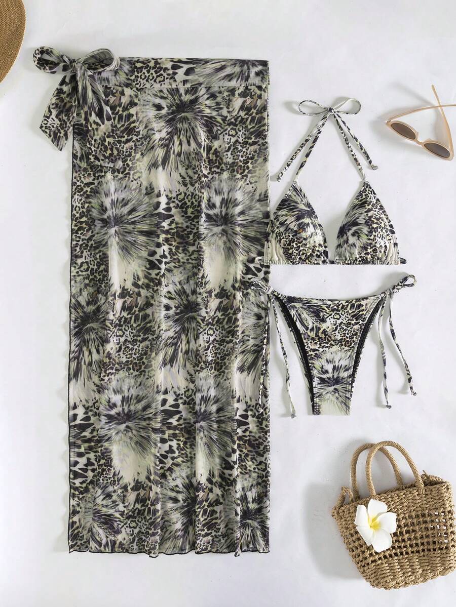 wohenmeili 女士夏季沙滩豹纹吊带系带性感比基尼套装，含罩裙 - 黑灰色 - 查看 1