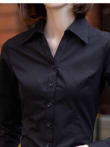 女士V领短袖黑色商务衬衫，专业正式工作服春季衬衫 - 黑色 - 查看 3