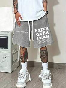 290g Washed, "Faith Over Fear" Printed Shorts, Premium Batik Cotton Men's Shorts, Suitable For Everyday Wear, Adjustable Drawstring Waist, Elastic Belt And Pockets, Festive Gift, Menswear. - 深灰色 - 查看 1