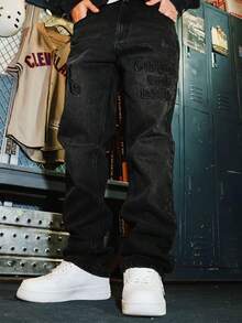 Quần jeans ống đứng dáng rộng thoải mái dành cho thanh thiếu niên, chất liệu denim đã qua xử lý, với họa tiết thêu nổi. - màu đen - Xem 2