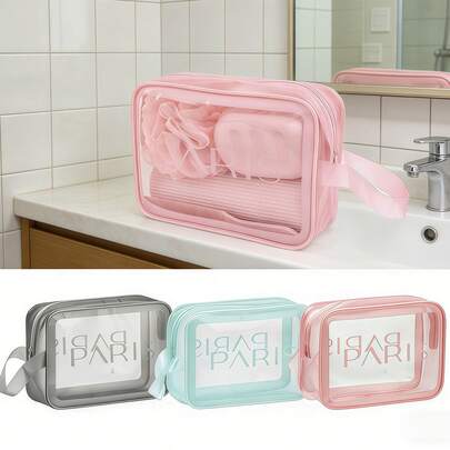 Conjunto portátil para ducha, artigos de higiene pessoal e sabonete líquido com bolsa transparente para viagem e academia; conjunto de viagem de cinco peças, incluindo bolsa organizadora, porta-escova de dentes, pente, saboneteira e copo para escova de dentes; conjunto de artigos de higiene pessoal para viagens a negócios; artigos de higiene pessoal com nécessaire.