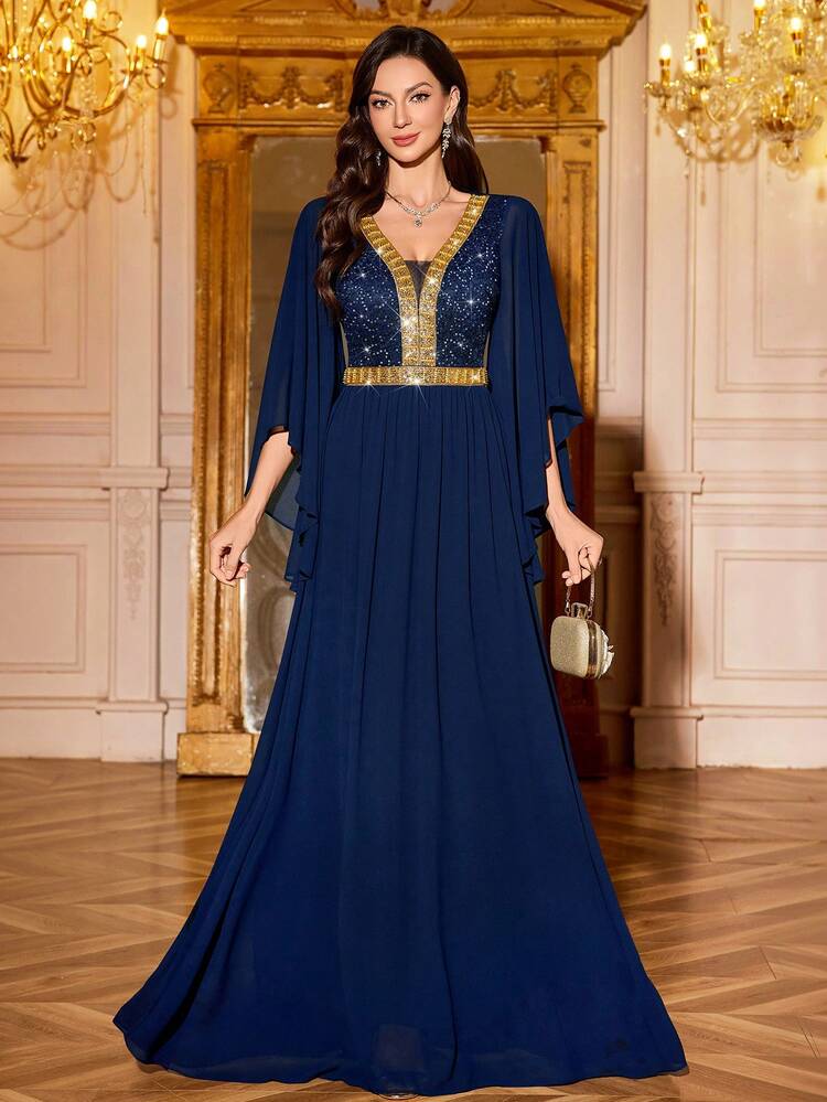 MIUSOL Deep V-Neck Floral Lace Contrast Sequin Ruffle Sleeve Ruched Hem Chiffon Formal Party Maxi Dress,Elegant Party Dress ,Formal Evening Gown Wedding