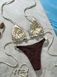 Bộ bikini nữ họa tiết chấm bi vàng nâu, đồ bơi thể thao thường ngày, trang phục đi biển mùa hè, trang phục dự tiệc đi biển thanh lịch cho phái nữ, phong cách bohemian từ thành phố ra biển, trang phục đi biển mùa xuân/hè 2023 cho kỳ nghỉ. - màu nâu - Xem 6