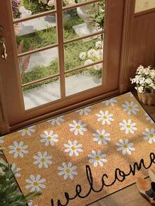1pc White Daisy Welcome Pattern Doormat, Farmhouse Style Indoor Outdoor Non-Slip Mat, Machine Washable Polyester Fiber Rug For Kitchen, Dining Room, Hallway, Bathroom, Bedroom, Outdoor, Entryway, Home Decor, Suitable For All Seasons - 1PC - View 2