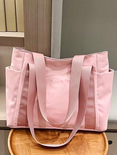 Bolso de mano sólido y de moda, bolso de hombro casual de color block, bolso escolar y bolso para libros para mujeres o estudiantes, perfecto para libros, compras, vuelta al cole y talla grande