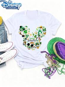 Disney Collaboration Mickey Mouse Head & St. Patrick'S Day Cartoon Print Women'S Short-Sleeved T-Shirt, Chic Round Neck Casual Top For Spring, Summer, And Fall, Soft Breathable, Everyday Wear, Women'S Fashion T-Shirt - Blanc - Voir 1