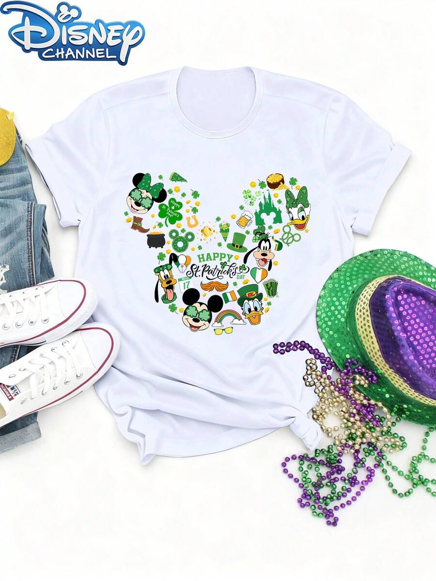 Disney Collaboration Mickey Mouse Head & St. Patrick'S Day Cartoon Print Women'S Short-Sleeved T-Shirt, Chic Round Neck Casual Top For Spring, Summer, And Fall, Soft Breathable, Everyday Wear, Women'S Fashion T-Shirt - Blanc - Voir 1