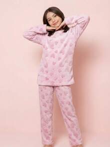 Teddy Plush Winter Pajamas For Kids - Pink Heart - Hot Pink - View 9
