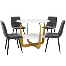 Dining Set (5 Pieces), Including A Table And Four Chairs, A Modern Kitchen Set, A Round Table 80 Cm In Diameter With Gold Metal Legs And Marble Effect MDF Top, And Grey Chairs. - Grey - View 4