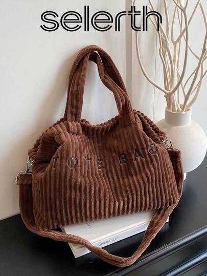 1pc Coffee-Color Corduroy Elegant Minimalist Letter Vertical Striped Quilted Hook And Loop Closure Tote Bag, Large Capacity Foldable Handbag Suitable For Women's Autumn/Winter Work, Daily Life, Commuting, Social Gatherings, Outdoor Shopping, Fits Phone, Wallet, Lipstick, Keys, Tissue, Storage Pouch, Fashionable