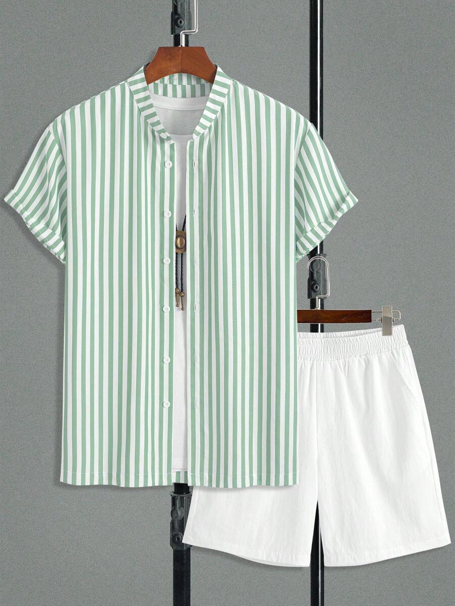 Áo sơ mi nam dáng casual kẻ sọc cổ tàu tay ngắn thiết kế 7 nút, phối cùng quần short màu trơn mềm mại, set 2 món. - màu xanh lá - Xem 1