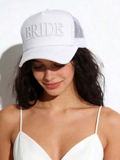 White BRIDE Trucker Hat For Women - 3D Embroidery Bride Baseball Cap, Breathable Mesh Back Bachelorette Party Hat, Wedding Bride Accessory For Bridal Shower Honeymoon Daily Styling, Cute Bride Gift Trucker Cap