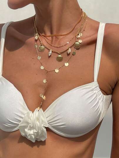 4pcs/Set Ocean Vacation Style Seashell & Conch Necklace, Metal Sequin Y-Shaped Chain Layered Choker Necklace Set, Fashionable Creative 3D Seashell & Round Disc Pendant Necklace Suit For Women Daily, Vacation, Party