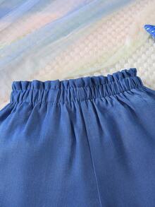Conjunto Casual de Verão para Meninas, Regata com Alças Finas com Estampa de Borboleta e Shorts Denim Falsos, Adequado para Meninas de 4 a 7 Anos, Roupa de Verão para Uso Externo, Conjunto de Shorts de Moda para Crianças - Branco - Visão 6