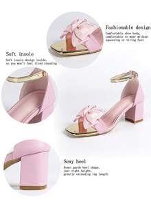 Womenshoes Women's Pink Square Toe Block Heel Sandals With Satin Bow & Metallic Ankle Strap Bridal Wedding Heels - Pink - View 9