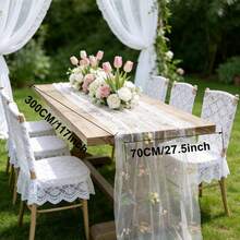10ft/118inch Embroidered Daisy Spring/Summer Table Runner, Floral Seasonal Sheer Table Cloth For Holiday Kitchen Dining Table Decor, Suitable For Home Parties, Indoor, Can Be Trimmed For Dress, Table, Kettle, TV, Desk And Chair Decoration, Perfect For Country-Themed Events - White - View 8