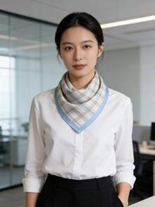 1条女士JF格子休闲涤纶时尚印花围巾，春季 - 淺藍色 - 查看 5