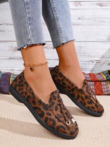 Giày lười nữ thời trang màu trơn mũi tròn thoáng khí, giày búp bê đế mềm mại thoải mái, kiểu dáng thường ngày, có khóa cài trang trí tua rua. - Nhiều màu - Xem 3