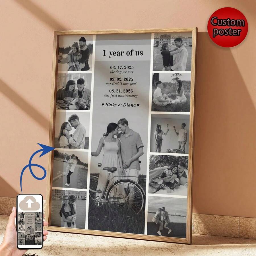1件可定制照片拼贴画，周年纪念模板，一周年纪念礼物，送给朋友和女友的礼物，送给自己和他们的礼物。可定制海报，房间装饰，可定制墙饰，定制照片，可定制物品，提供相框