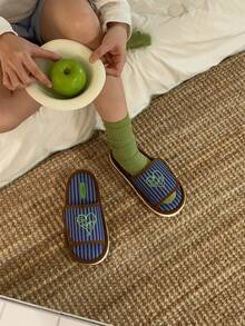 XIXITIAO Cute Style Adjustable Hook And Loop Home Slippers With Heart Pattern & Striped Design, Comfortable Soft-Soled, Stylish & Versatile - Dark Blue - View 3