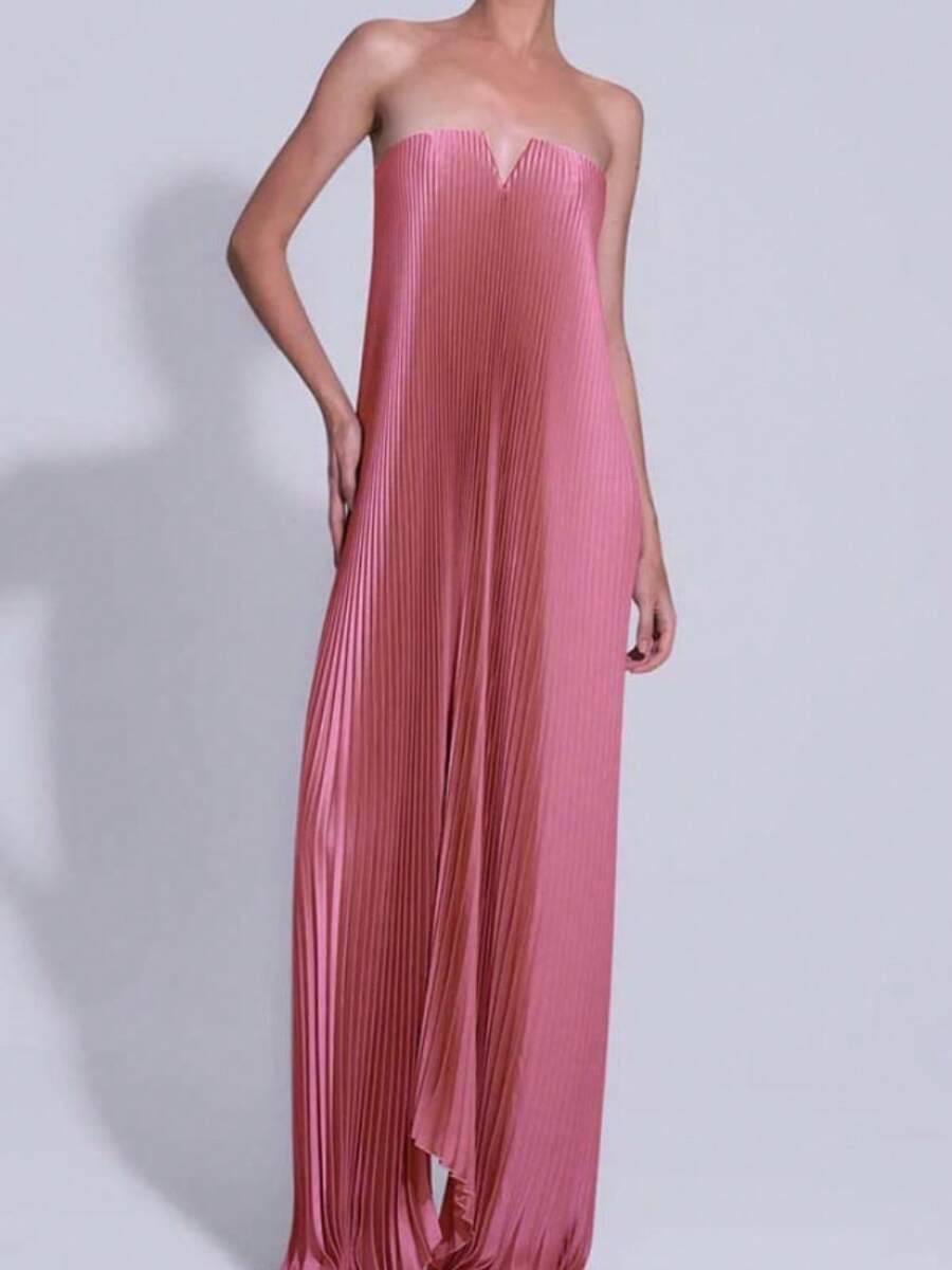 Party Temperament Tube Top Pleated Super  Dress Sexy Dress Pleated Skirt Women - Màu Hồng Tươi - Xem 1