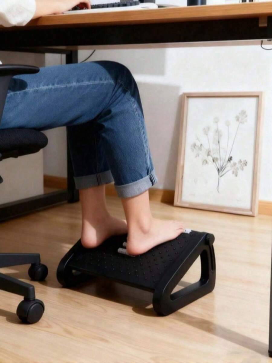 这款舒适可调节按摩脚踏，采用滚轮按摩表面，6档高度调节，易于清洁，加厚塑料结构，防滑稳固底座。适用于办公桌、工作区、办公椅及家用腿托。也可用于家用椅子、沙发、茶几、扶手椅等。是送给办公室专业人士和居家用户的理想之选！