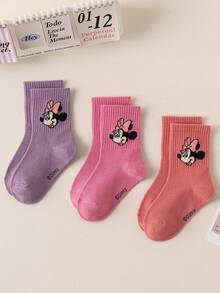 Disney 3/6 Pairs Mouse Kids Crew Socks, Cute Cartoon Pink Purple Spring Summer Mid-Calf Socks For Girls - Multicolor - View 3