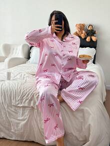 Dreamivo 2pcs Plus Size Women's Pink Striped Long Sleeve Pajama Set - Pink - View 1