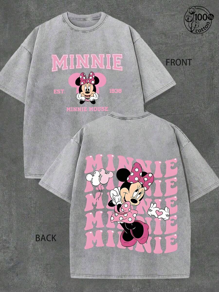 Disney Authorized | Retro Minnie Mouse Mommy T-Shirt -100% Cotton Washed Unisex Short Sleeve Casual Shirt-Machine Washable-Perfect Summer Birthday Gift For Fans-Daily Comfort-Classic Print Durable. - 灰色 - 查看 1