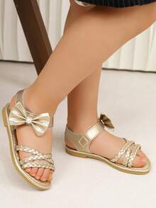 2026 New Arrival Summer Gold Woven Criss-Cross Pearl Bow Sandals - Gold - View 4