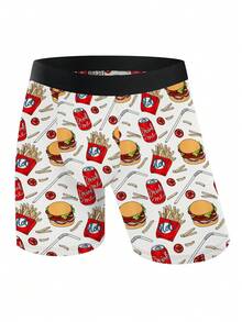 1pc Men's Funny Hamburger Cola Fries Print Mid-Waist Elastic Casual Boxer Briefs - White - View 3