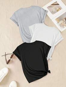 3-Piece Short-Sleeved T-Shirt Set. Crew Neck, Straight Shoulders, Short Sleeves, Regular Fit, Slightly Stretchy, Suitable For Spring And Summer Wear, Ideal For Outdoor Activities, Sports, Travel, City Walks, Etc. Comfortable And Easy To Match. 3-Piece T-Shirt Set. Women's Top, Women's Short-Sleeved T-Shirt, Women's Sports Top, Summer Short-Sleeved Sports Running Top. - Multicolor - View 2