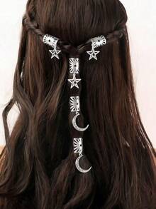 Set de 2/5 piezas de accesorios para el cabello trenzado de mujer, diseño de estrellas y lunas, adecuado para festivales, fiestas, uso diario, colgantes, regalos, Ramadán - Dorado - Ver 7
