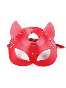 1个黑色合成皮革猫咪面具，带耳孔 - 哥特朋克风格万圣节派对、嘉年华舞会和成人游戏服装配饰；猫咪主题面具；大胆时尚的面具 - 彩色 - 查看 3