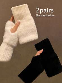 2 piezas/1 pieza Guantes sin dedos de unicolor y cálidos para mujeres, calentadores de muñeca y brazo de punto para otoño/invierno, adecuados para la oficina, estudiantes, escritura - multicolor - Ver 14