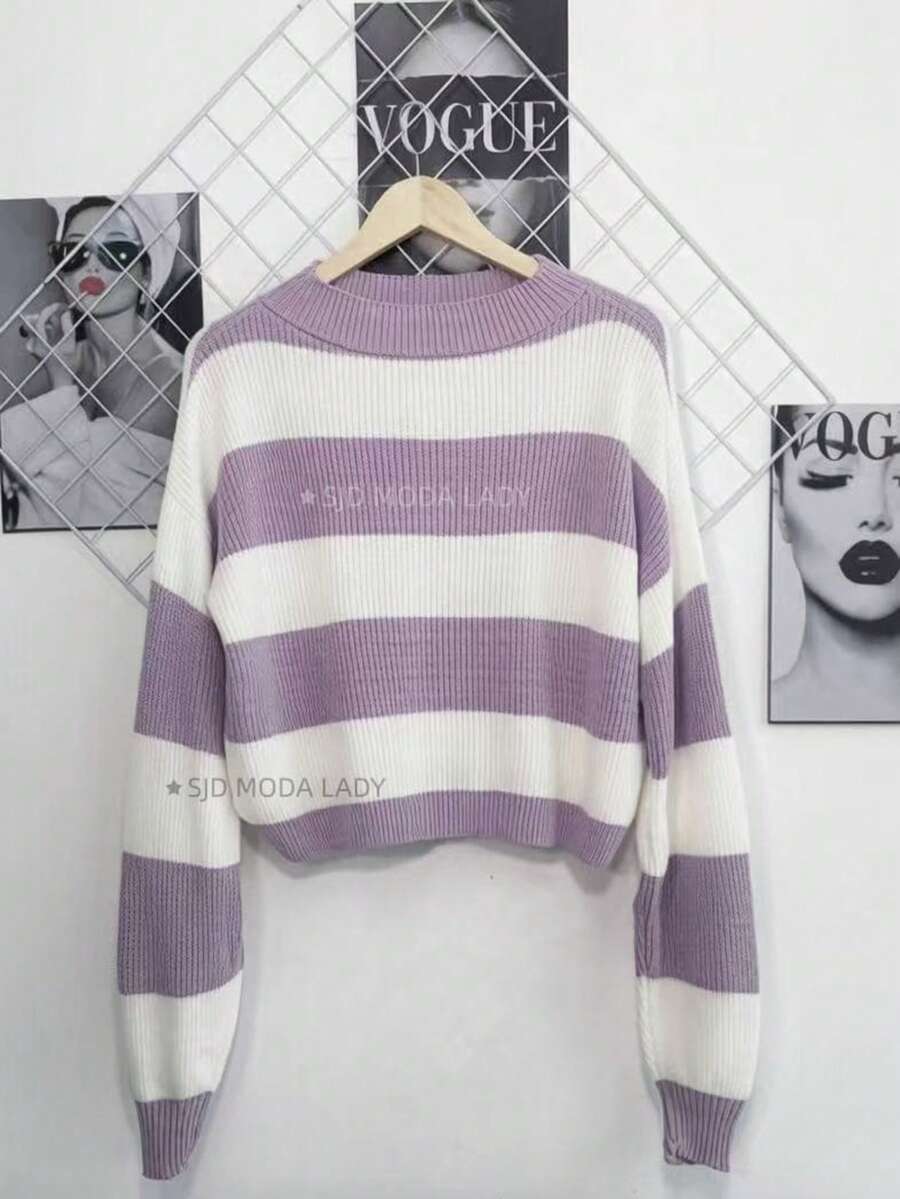 SJD MODA LADY Striped Sweater Knit Modal Off Shoulder Super Autumn Winter Korean Style Best Fabric - Purple Baby White Stripe - View 1