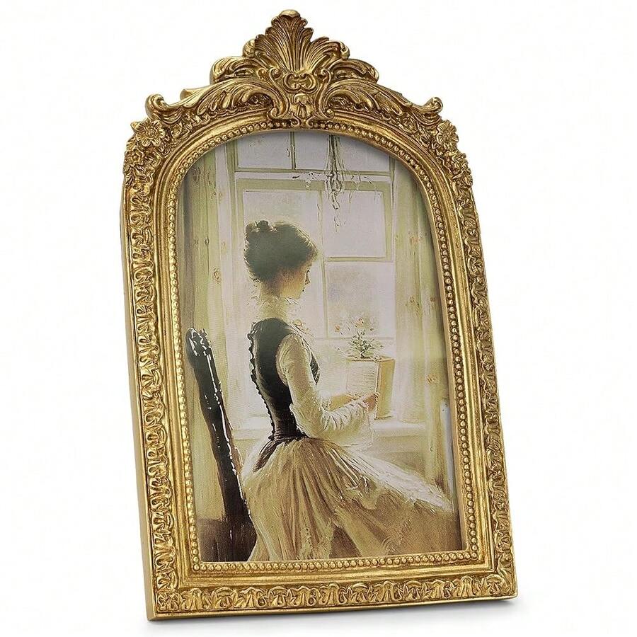 Picture Frame, Gold Vintage Arched Frame Decor For Tabletop And Wall Mounting, Antique Arched Photo Decor For Home, Gold, 4x6 Inch - 金色復古4x6英寸 - 查看 1
