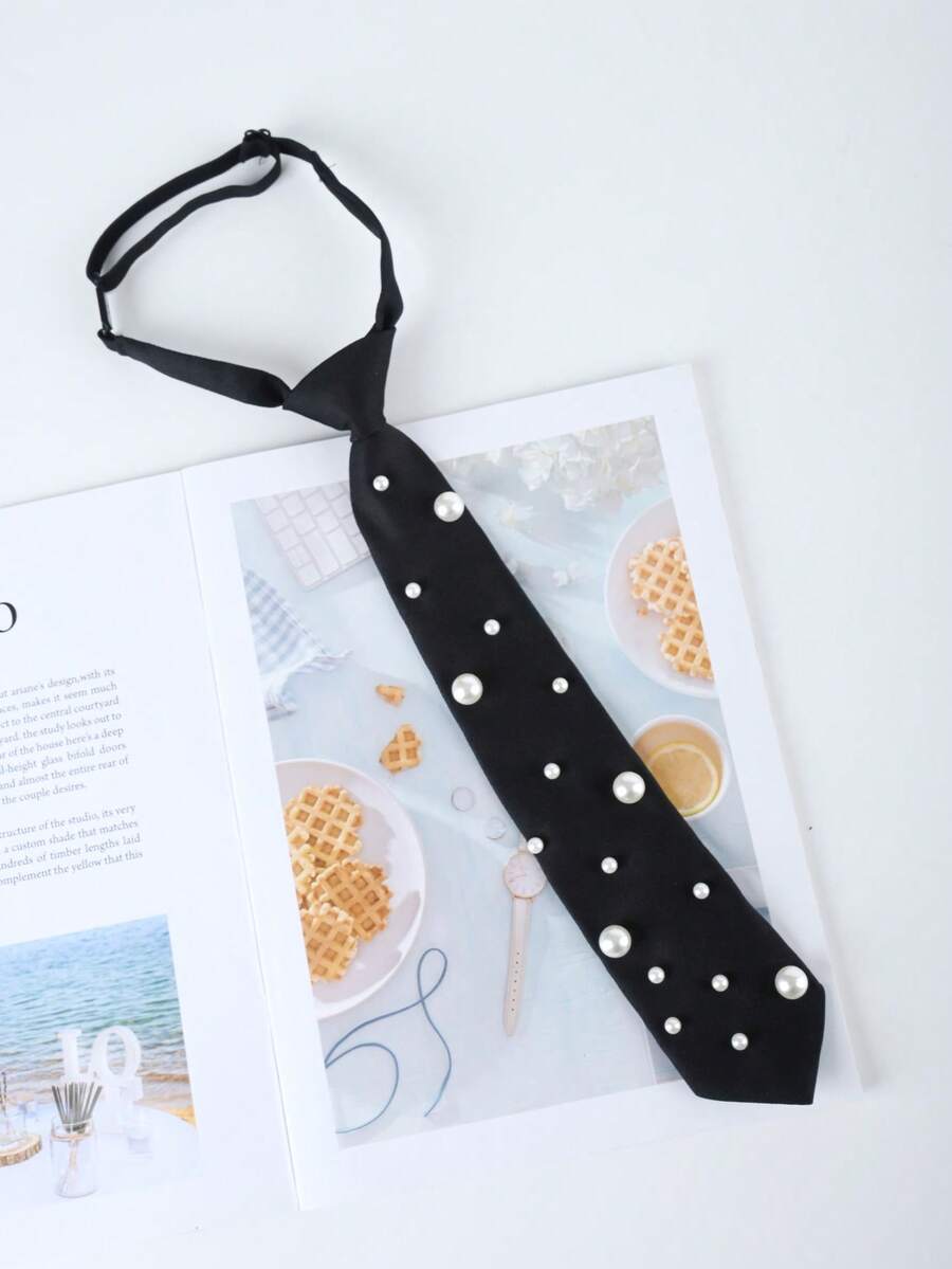 1 pieza Corbata de estilo universitario para mujer, corbata de moño con cremallera y perlas versátil, diseño de flecha - Perla Negra - Ver 1