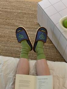 XIXITIAO Cute Style Adjustable Hook And Loop Home Slippers With Heart Pattern & Striped Design, Comfortable Soft-Soled, Stylish & Versatile - Dark Blue - View 11