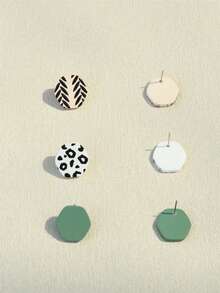 3 Pairs Geometric Hexagon, Leopard Print, Leaf Pattern Acrylic Earrings, Personalized Design, Elegant Quality For Women - Multicolor - View 8