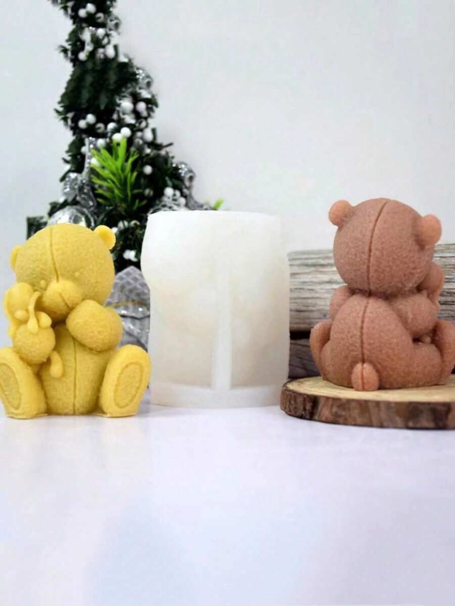 1 pieza Molde de silicona de oso abrazando a otro oso para hacer velas aromáticas DIY, piedra de fragancia de yeso, accesorio de decoración del hogar - Blanco - Ver 1
