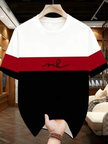 Men's Minimalist Letter & Color Block Pattern Sports Set - Polyester Knit Fabric, Round Neck Design, Drawstring Shorts, Pocket Details, Regular Fit, Suitable For Plus Size - Red - View 3