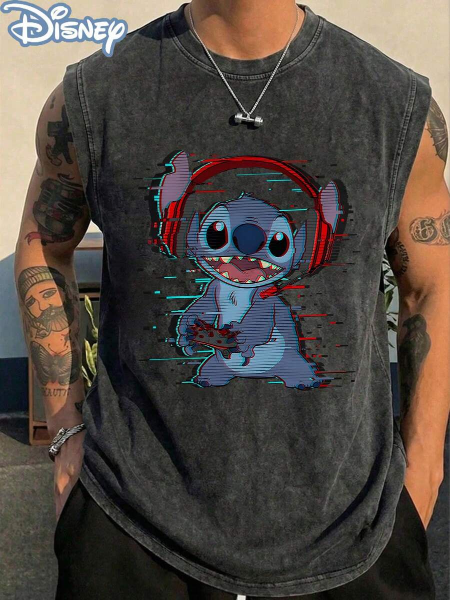 Disney Official Licensed Lilo & Stitch Gamer Stitch Glitch Vintage Washed 230g Tank Top Unisex - màu đen - Xem 1