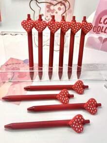 2/6pcs Retractable Heart Design Ballpoint Pens, Campus Style Back To School & Valentine's Day Series, Neutral Stress Pens - Love - View 3