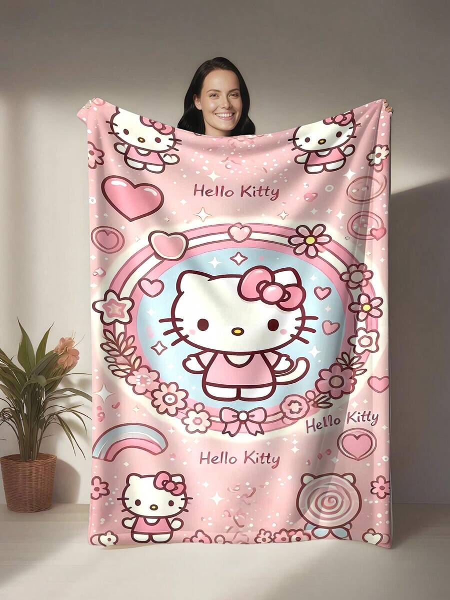 SANRIO Hello Kitty主题法兰绒毯，粉色底，满版Hello Kitty印花，可爱少女风，兼具装饰性和实用性，可用作礼物、家居装饰、披毯、沙发毯、露营毯、旅行毯，实用且具有纪念意义。