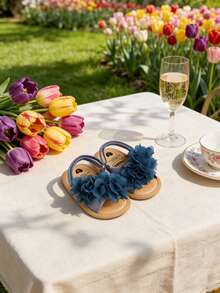 1双女婴3D雪纺花朵凉鞋，海军蓝露趾沙滩鞋，柔软防滑幼儿夏季鞋 - 寶藍色 - 查看 7