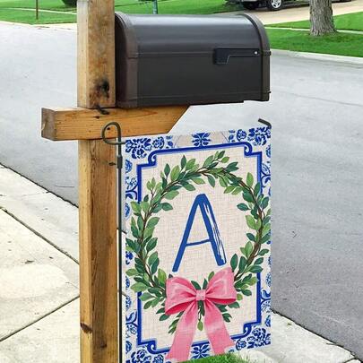 1pc, Chinoiserie Garden Flag, Name Initial Flags, Chinoiserie & Bow Flags, Boxwood Wreath, Yard Family Last Name Flag, 12x18 Inch, Perfect For Spring, Easter, Summer And Holiday Outdoor Decorations, Home And Scene Decor, No Flagpole Included